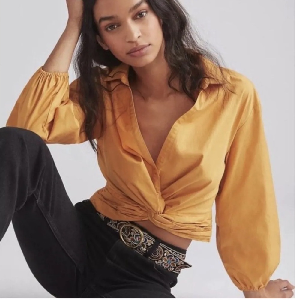 Anthropologie MP Sunday in Brooklyn Mustard Yellow Twist Front V-Neck Top Small